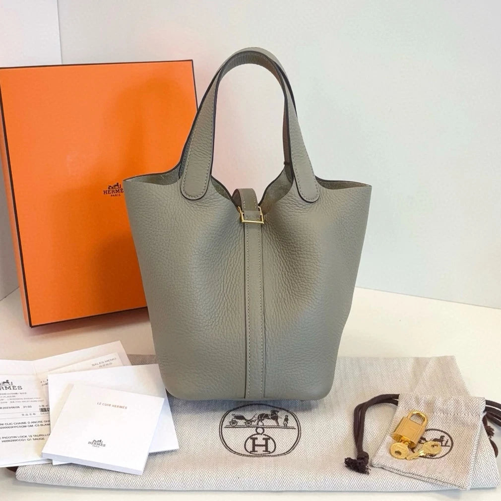 Hermes Picotin18 Tote Top Handle Bag Green Gold Used Women Classic Fashion
