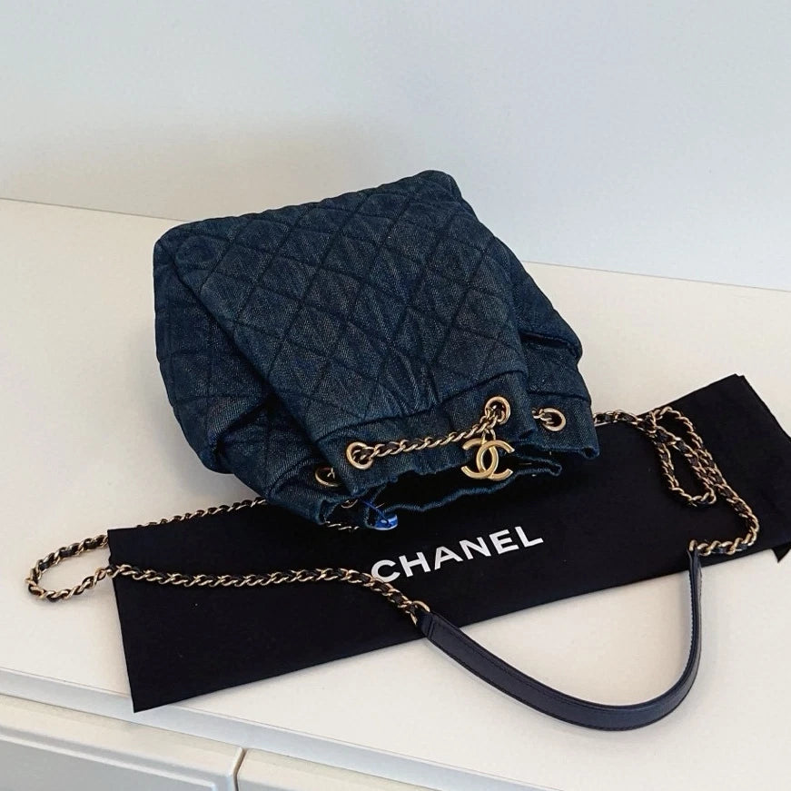Chanel Denim Bucket Chain Shoulder Crossbody Blue Gold Diamond Women Classic