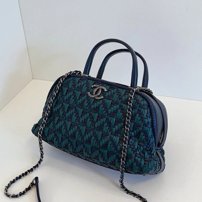 Chanel Bolide PM Calfskin Top Handle Crossbody Green Navy Silver Women Classic