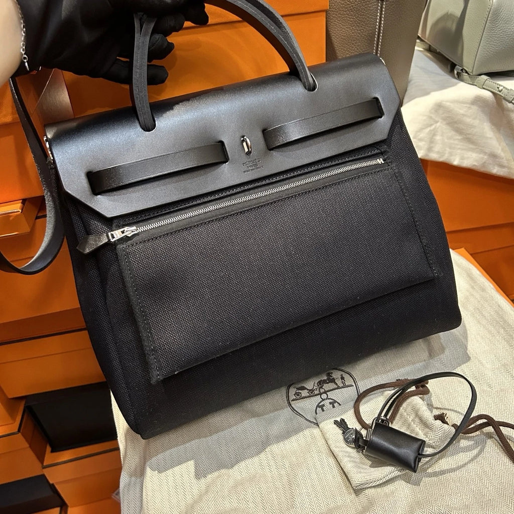 Excellent Condition Hermes Herbag31 Canvas Black Handbag Crossbody Silver HW
