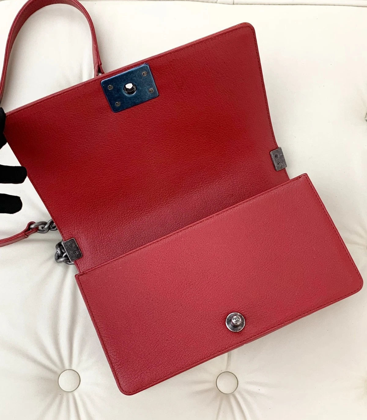 Chanel Leboy MM Calfskin Patent Chain Shoulder Bag Crossbody Red Women S