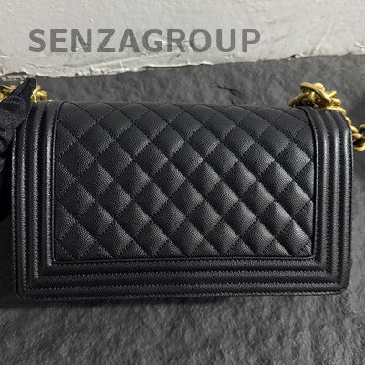 Chanel Le Boy Medium Black Gold Caviar Quilted Chain Shoulder Bag