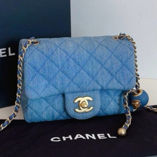 Chanel Diamond Chain Denim Shoulder Bag Crossbody Blue Gold Women Classic