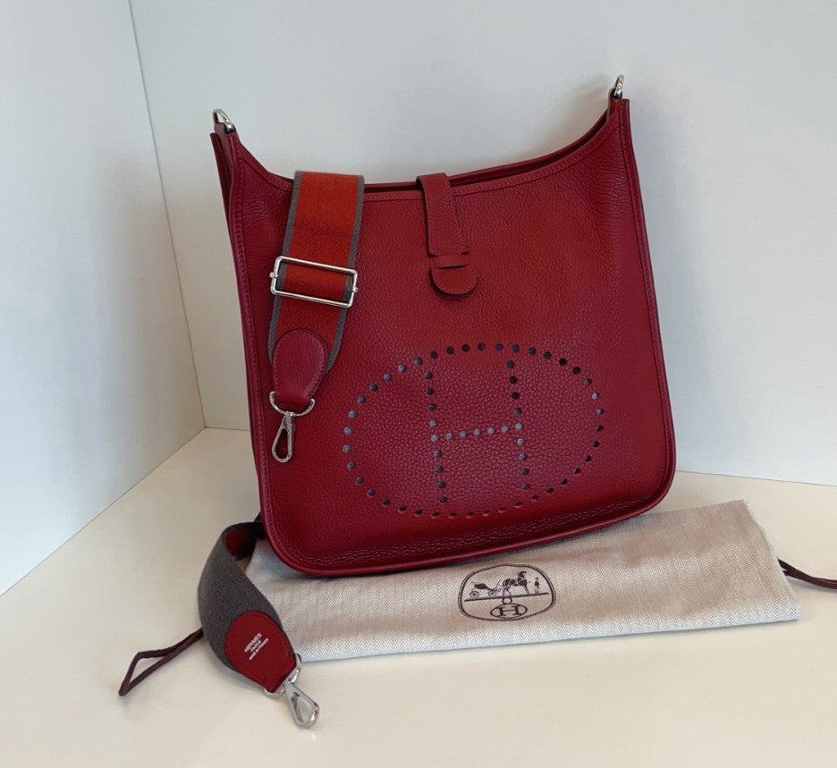 Hermes Evelyne GM Shoulder Bag Crossbody Red Silver Used Women Classic