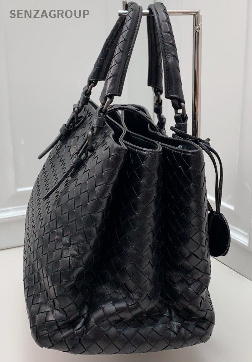 Bottega Veneta Classic Roma Intrecciato Top Handle Shoulder Crossbody Bag Black