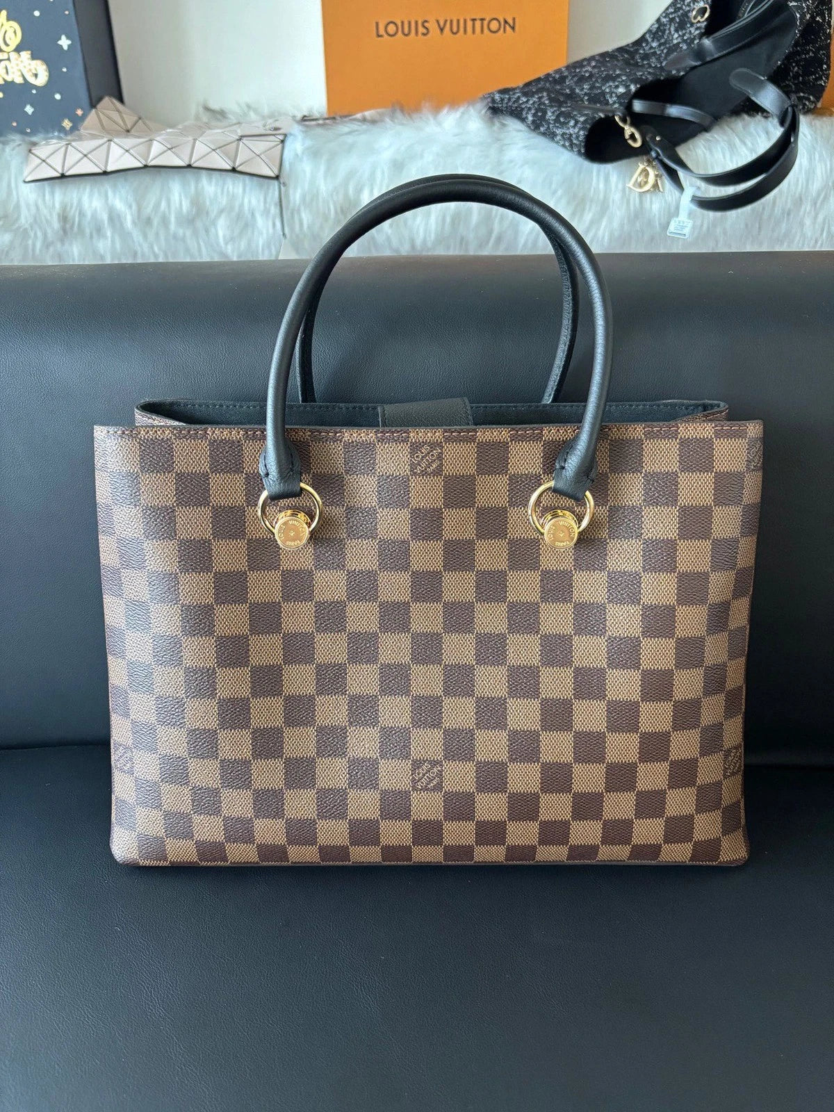 Louis Vuitton Riverside Damier Ebene Tote Top Handle Crossbody Bag Women