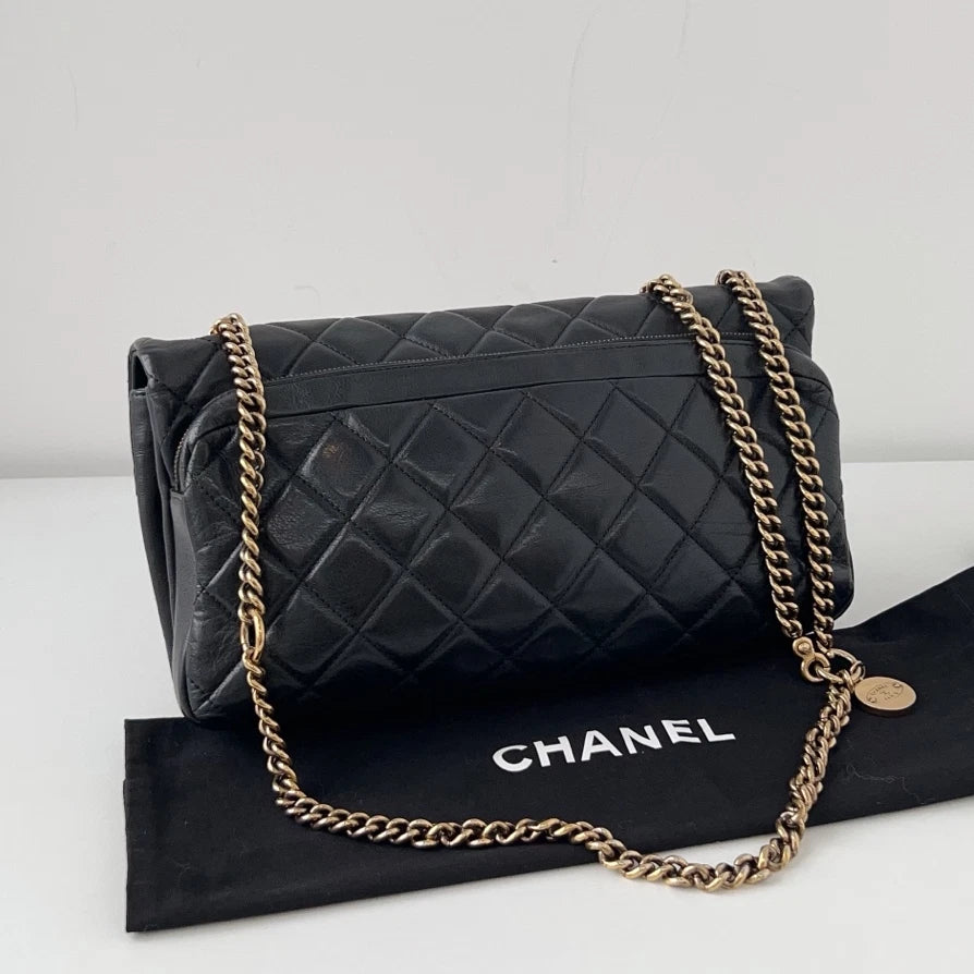 Chanel Classic Flap Jumbo Calfskin Gold Coin Chain Black Shoulder Bag Crossbody