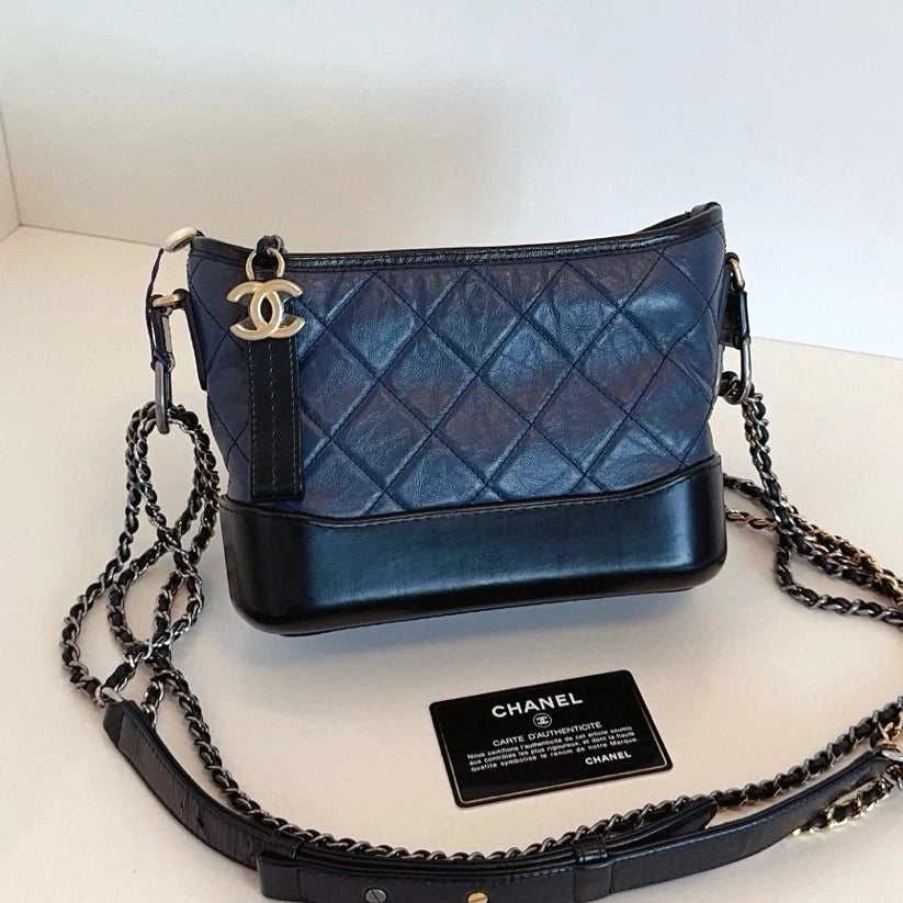 Chanel Gabrielle PM Chain Shoulder Crossbody Blue Gold Women Classic Fashion