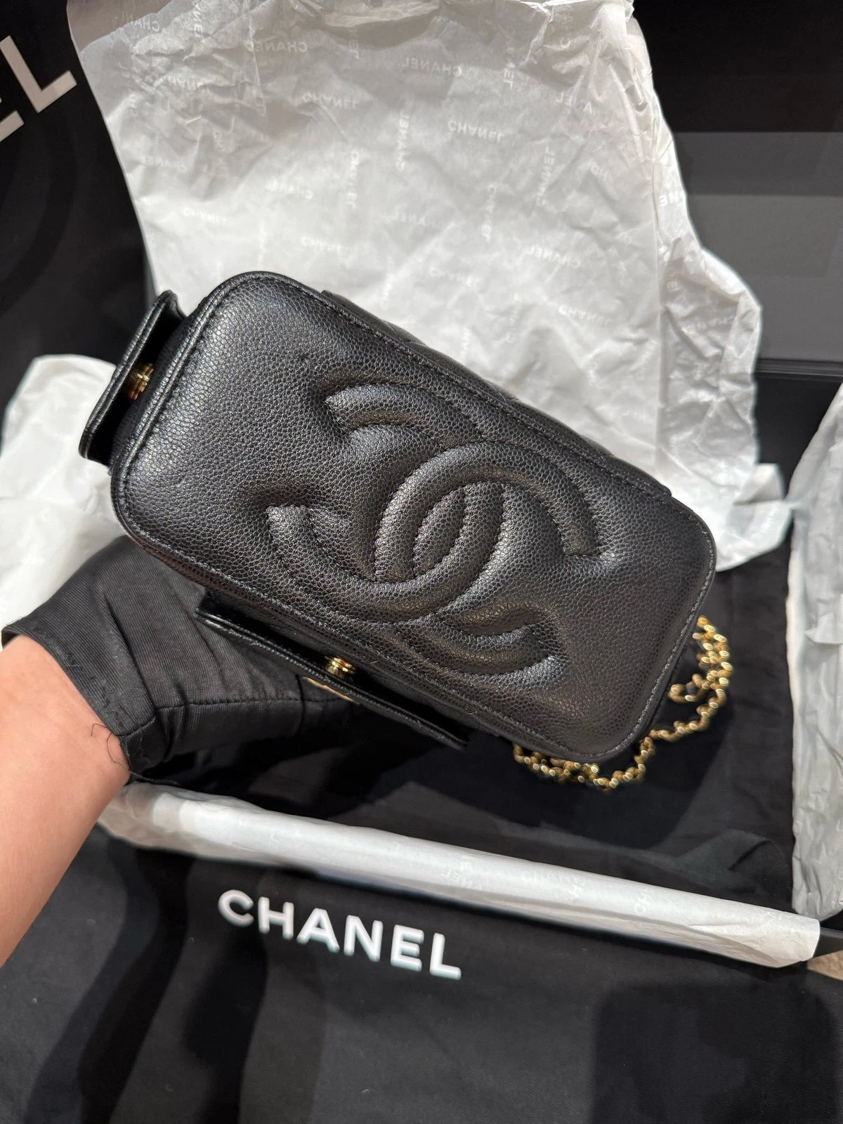 CHANEL Cargo Black Gold Caviar Leather Shoulder Bag For Women