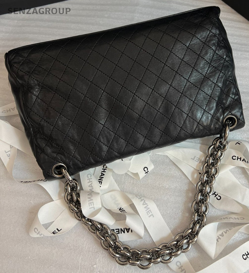 CHANEL Classic Pig nose Herringbone chain Shoulder bag Black Silver