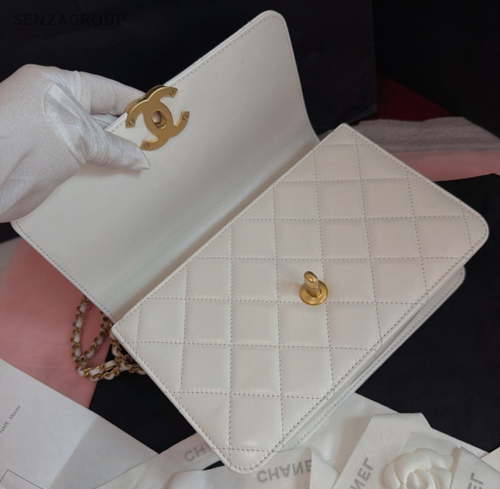 Chanel Diamond Calfskin Chain Shoulder Bag White Gold Women Classic Fashion