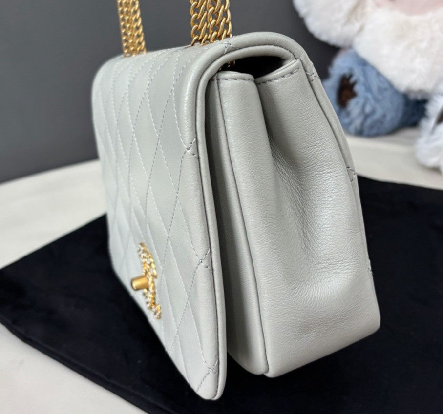 Chanel Diamond Double Chain Shoulder Bag Gray Gold Women Classic Fashion