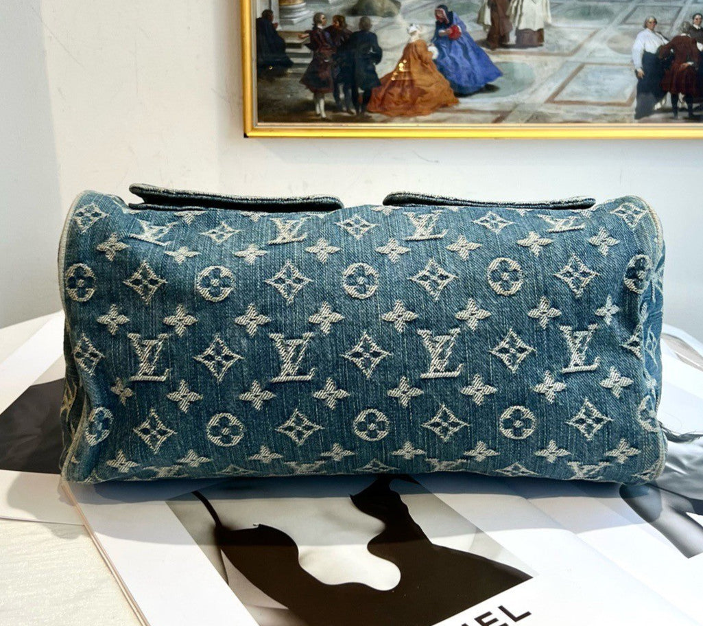 Louis Vuitton Boston Denim Monogram Top Handle Bag Blue Gold Women Classic