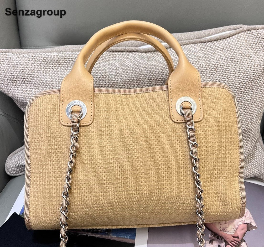 Chanel Bolide Beach Bag Chain Top Handle Shoulder Bag Beige Silver Women Classic