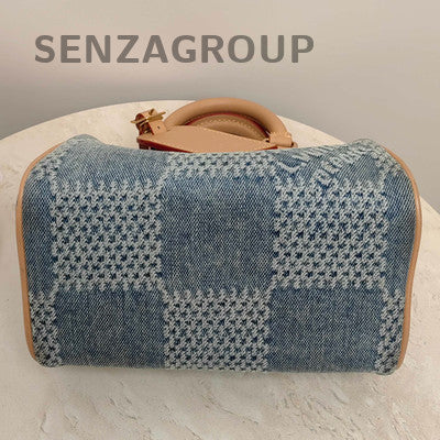 Louis Vuitton Damier Nano Speedy 18 Denim Blue Gold Women's Handbag