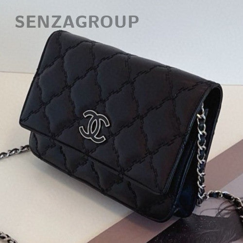 Chanel Calfskin Chain Crossbody Shoulder Bag Black Silver Women Classic