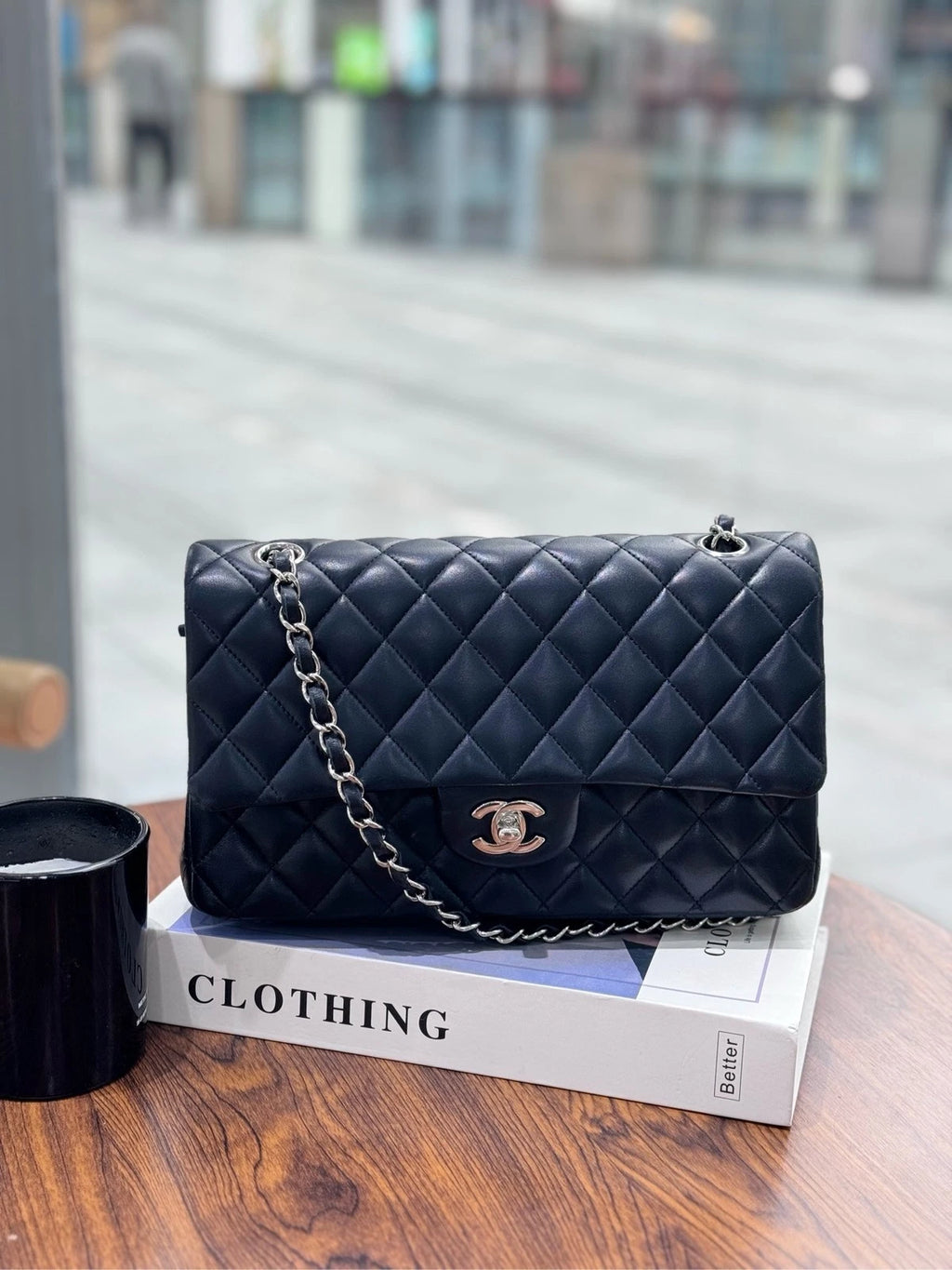 CHANEL Black Silver Lambskin Medium CF Shoulder Bag For Women Pre-owned