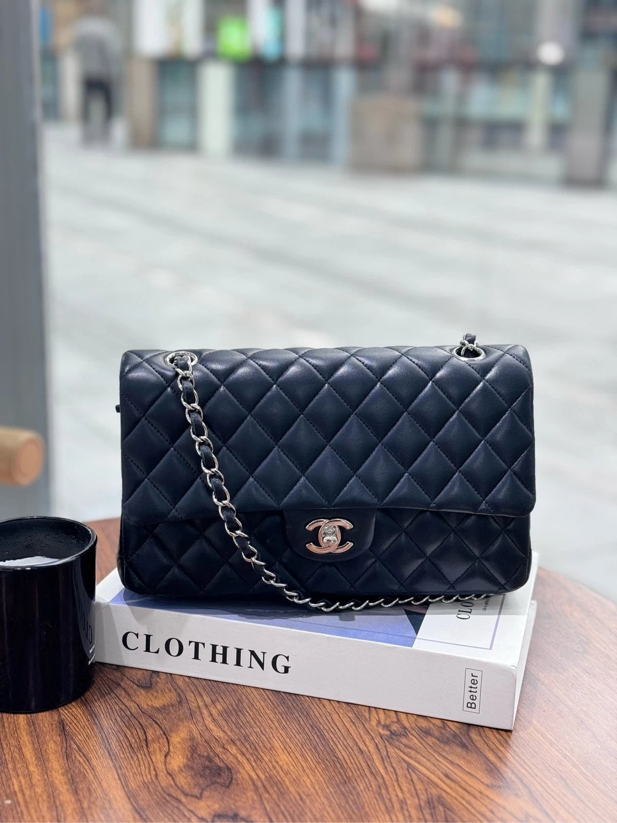 CHANEL Black Silver Lambskin Medium CF Shoulder Bag For Women Pre-owned