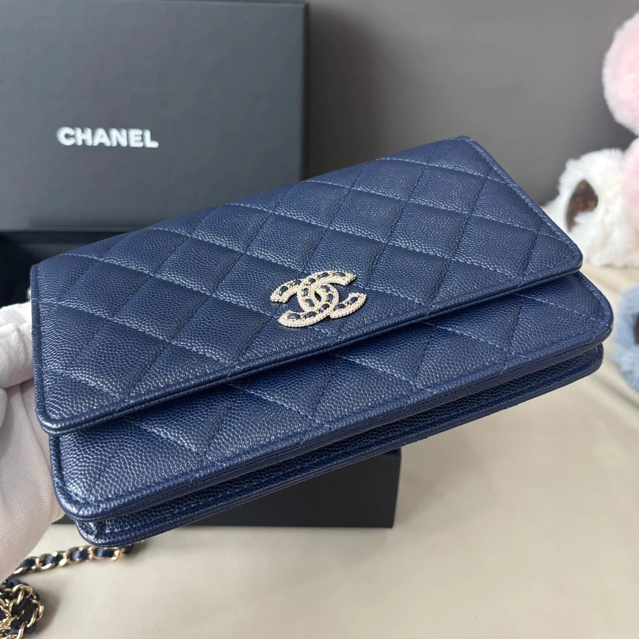 Excellent Chanel WOC Calfskin Blue Shoulder Bag Crossbody Gold Hardware Diamond