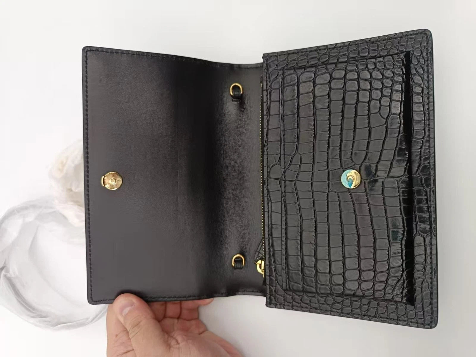 Saint Laurent Croc Embossed Calfskin Gold Logo Chain Wallet For Women