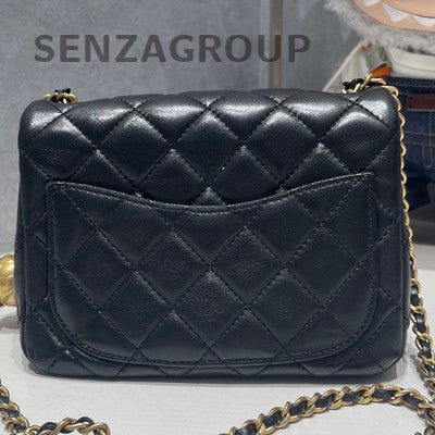 Chanel Classic Black Gold Quilted Mini Square Flap Bag with Ball Chain