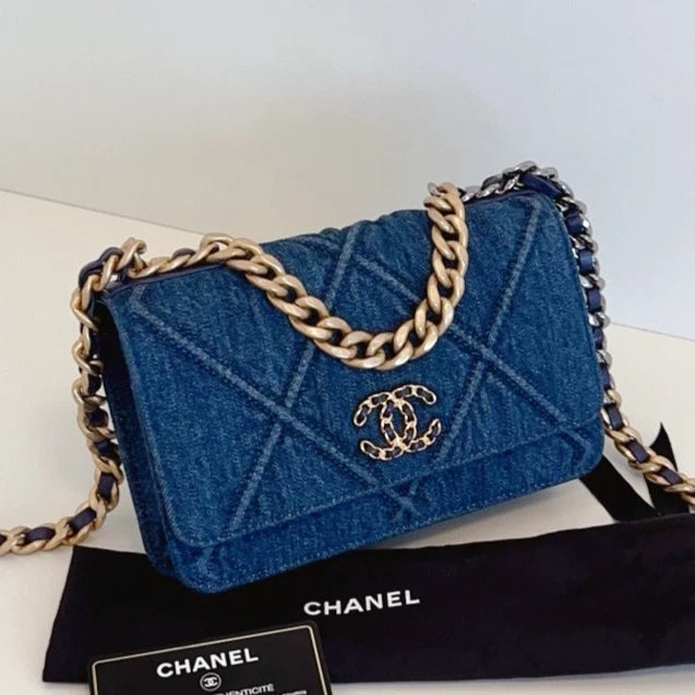 Chanel 19Bag WOC Denim Chain Top Handle Crossbody Blue Gold Women Classic