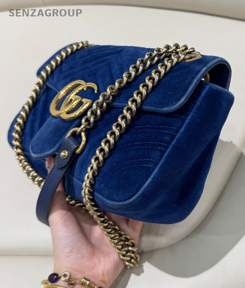 GUCCI GG Marmont 26 velvet Chain Shoulder bag Crossbody Blue Gold Women Classic