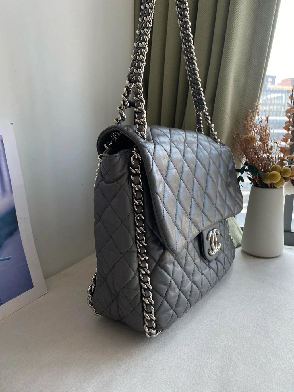 CHANEL Gray Silver Trim Chain Airport Tote Bag For Women