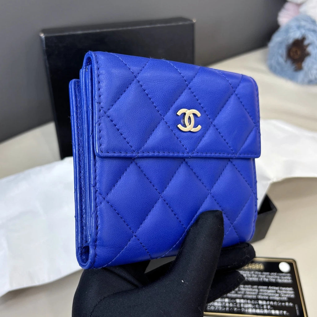 Chanel Lambskin Diamond Wallet Blue Silver Women Classic