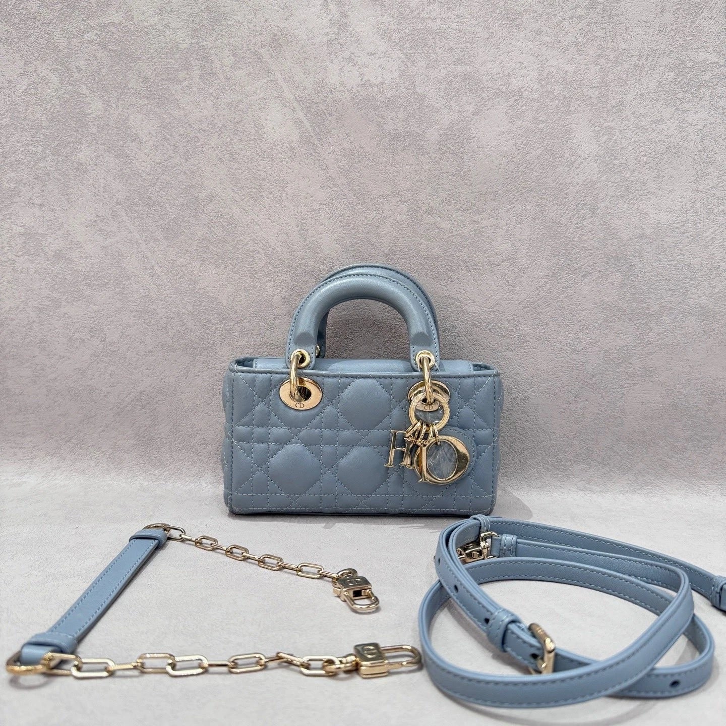 Christian Dior D Joy Mini Cannage Blue Handbag Crossbody 2Straps Gold Hardware
