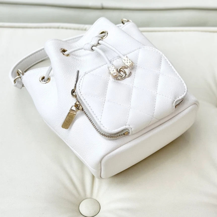 Chanel Bucket Mini Calfskin Shoulder Crossbody Bag White Gold Women Fashion S