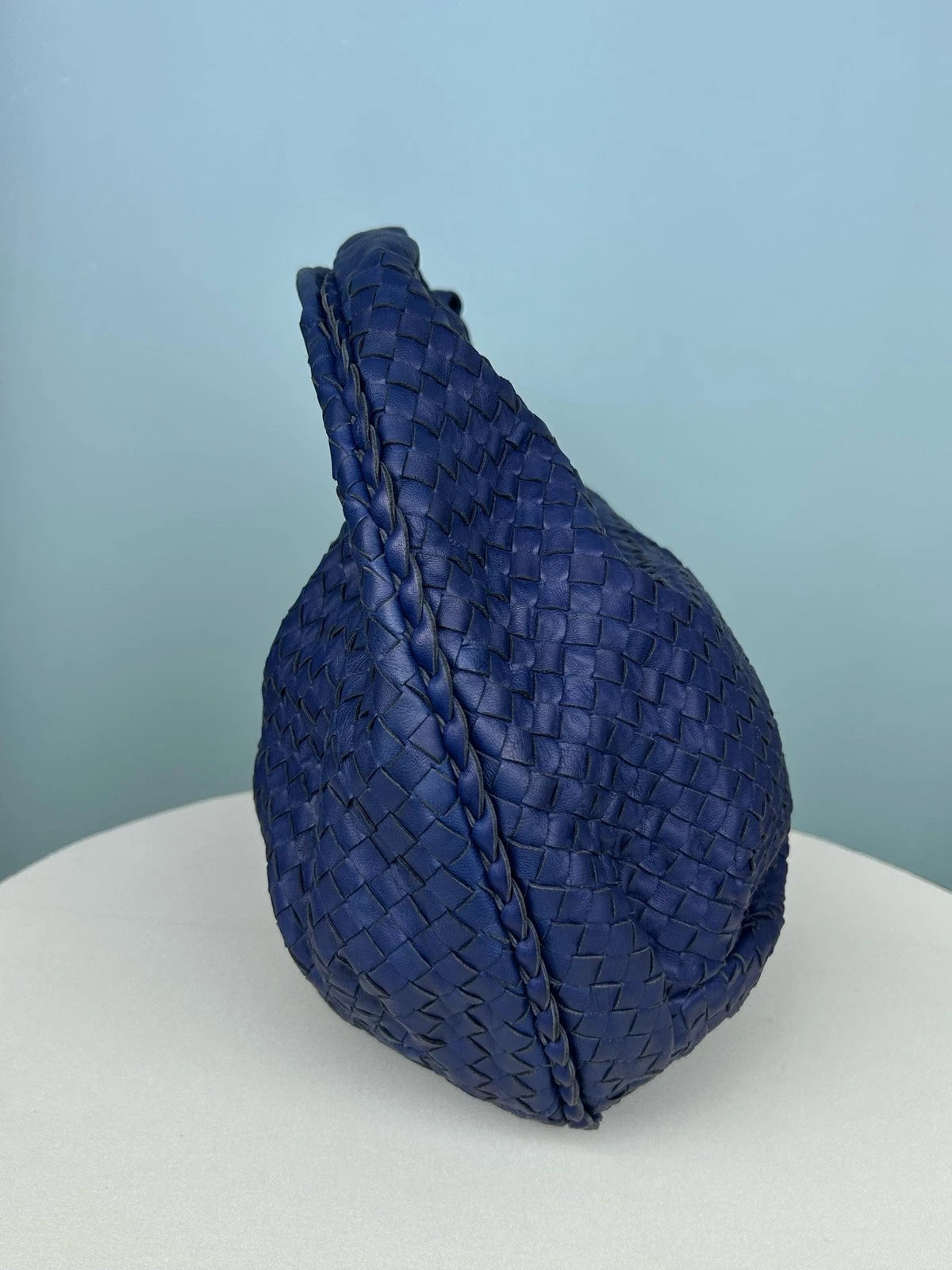 Bottega Veneta Veneta Calfskin Hobo Shoulder Bag Blue Used Women Classic