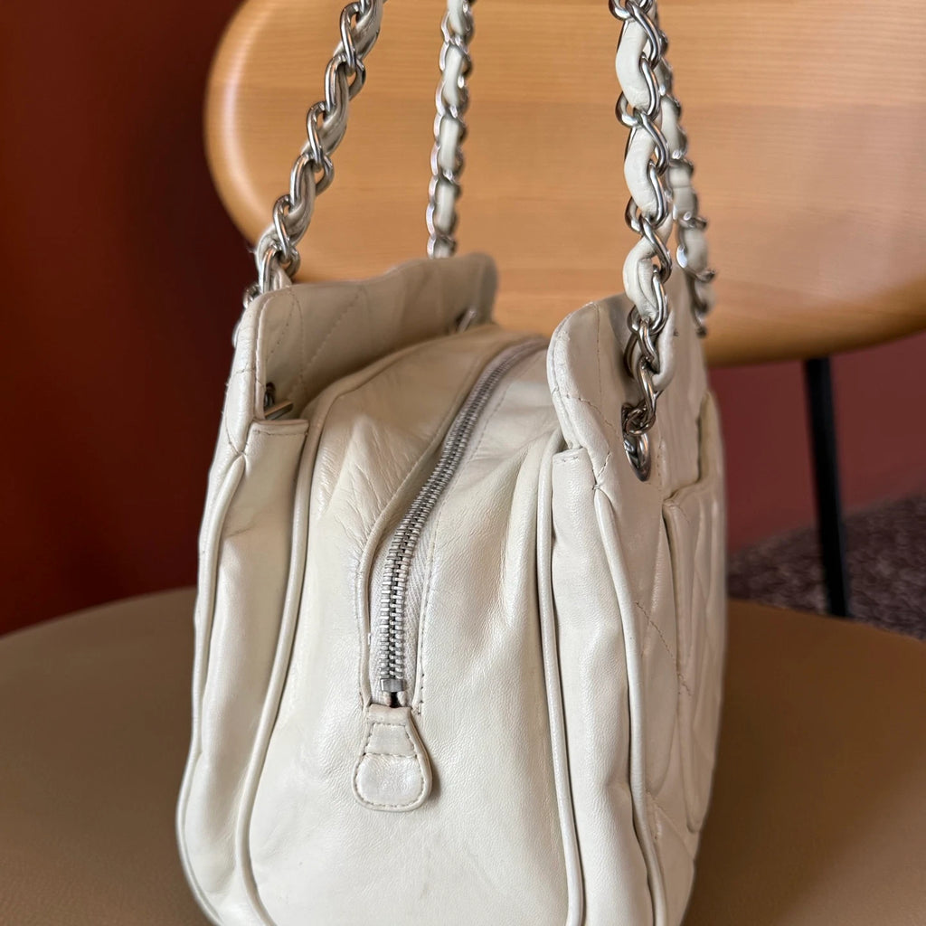 Authentic Chanel Bowling Lambskin Chain Shoulder Bag White Silver Hardware