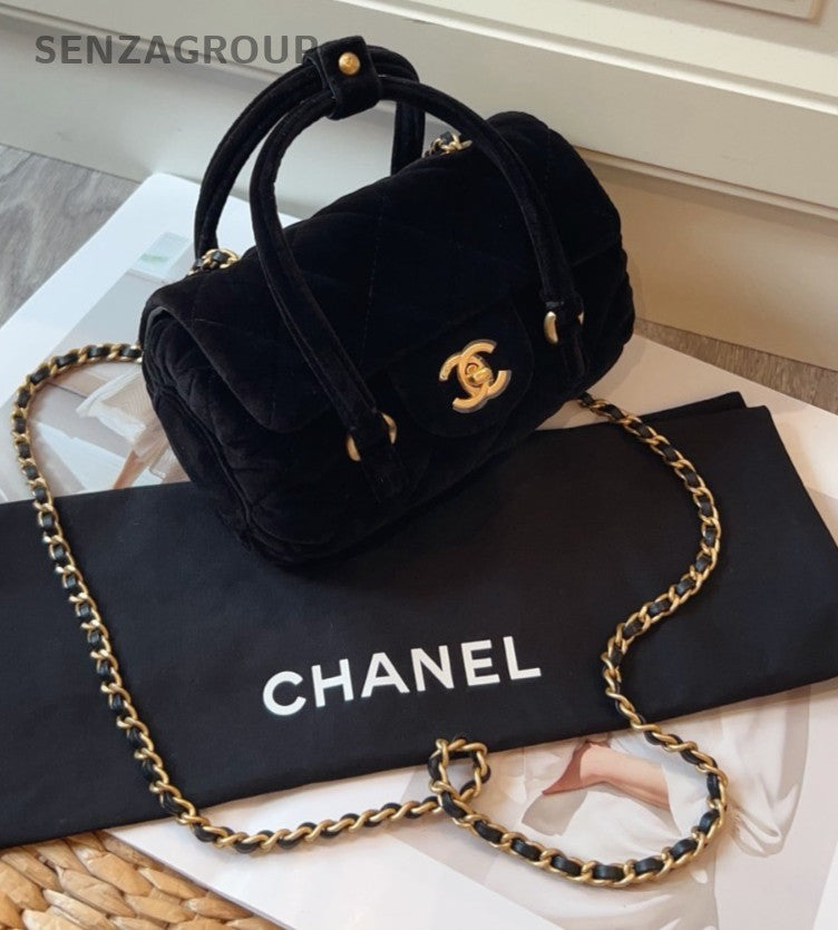 CHANEL CC Logo 25C Velvet Top Handle 2way Shoulder Handbag Black Gold Women