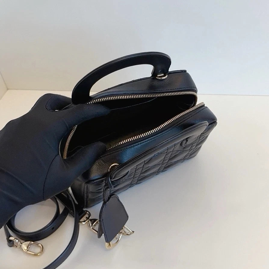 Christian Dior Lily Cannage 2-Way Black Top Handle Bag Crossbody Gold Hardware