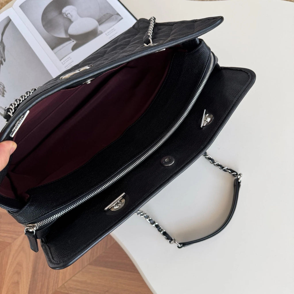Chanel Calfskin Tote Chain Shoulder Bag Black Silver Diamond Women Classic