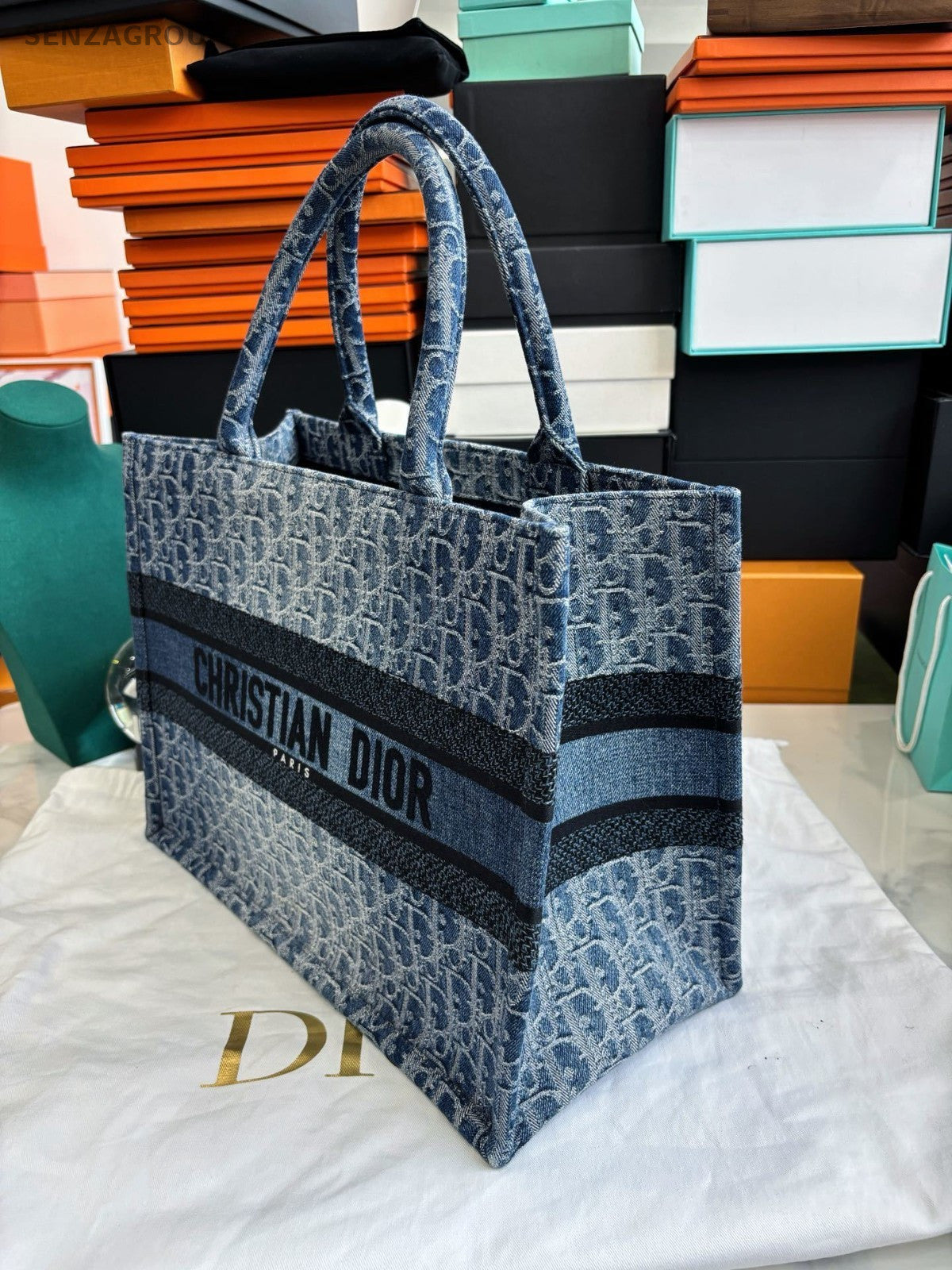 Christian Dior Book Tote MM Denim Oblique Top Handle Shoulder Bag Women Blue