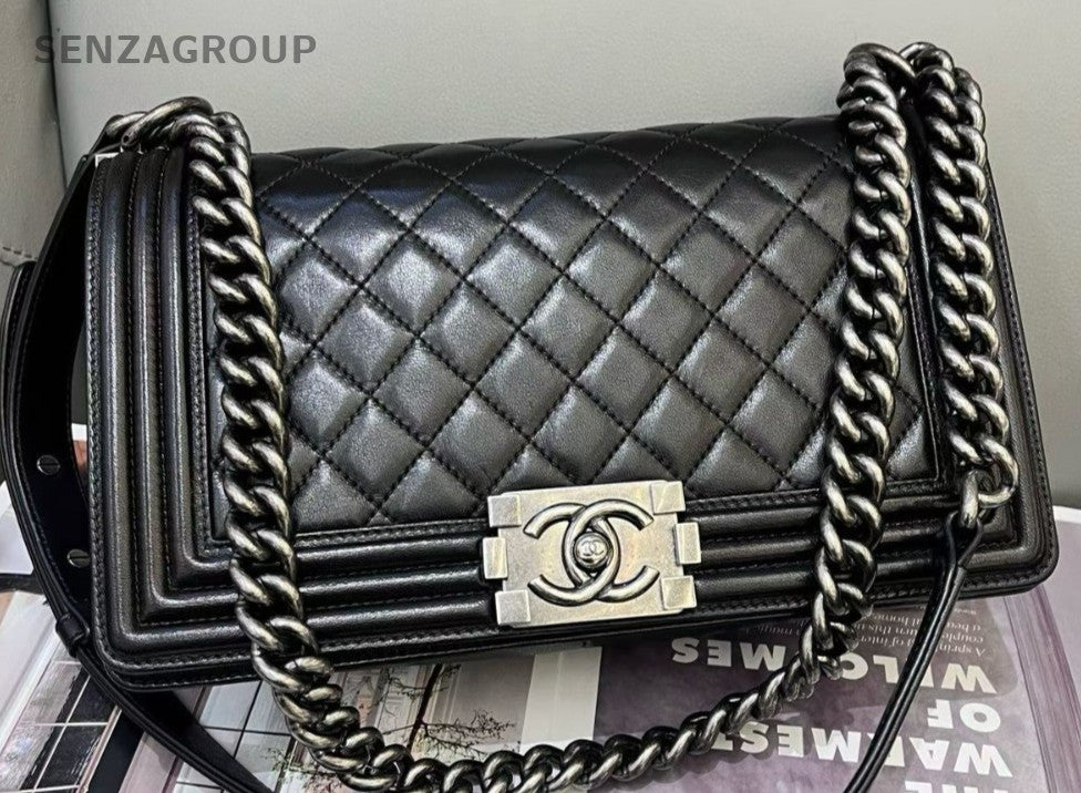 Chanel Leboy MM Lambskin Chain Shoulder Bag Crossbody Silver Black Women Classic