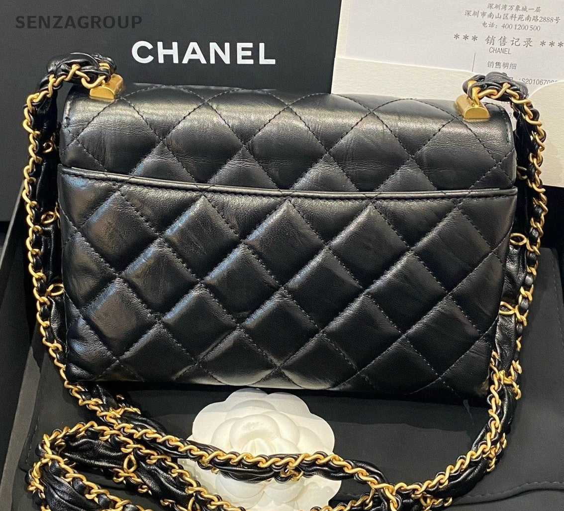 Chanel 19Bag Calfskin Chain Shoulder Bag Crossbody Black Gold Women Classic
