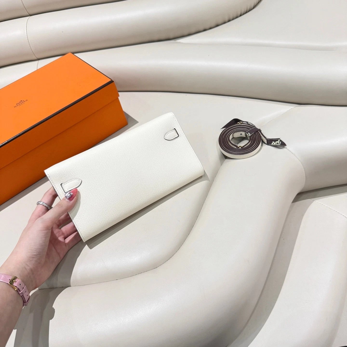 Hermes Kelly To Go Nata White Leather Crossbody Wallet with Strap