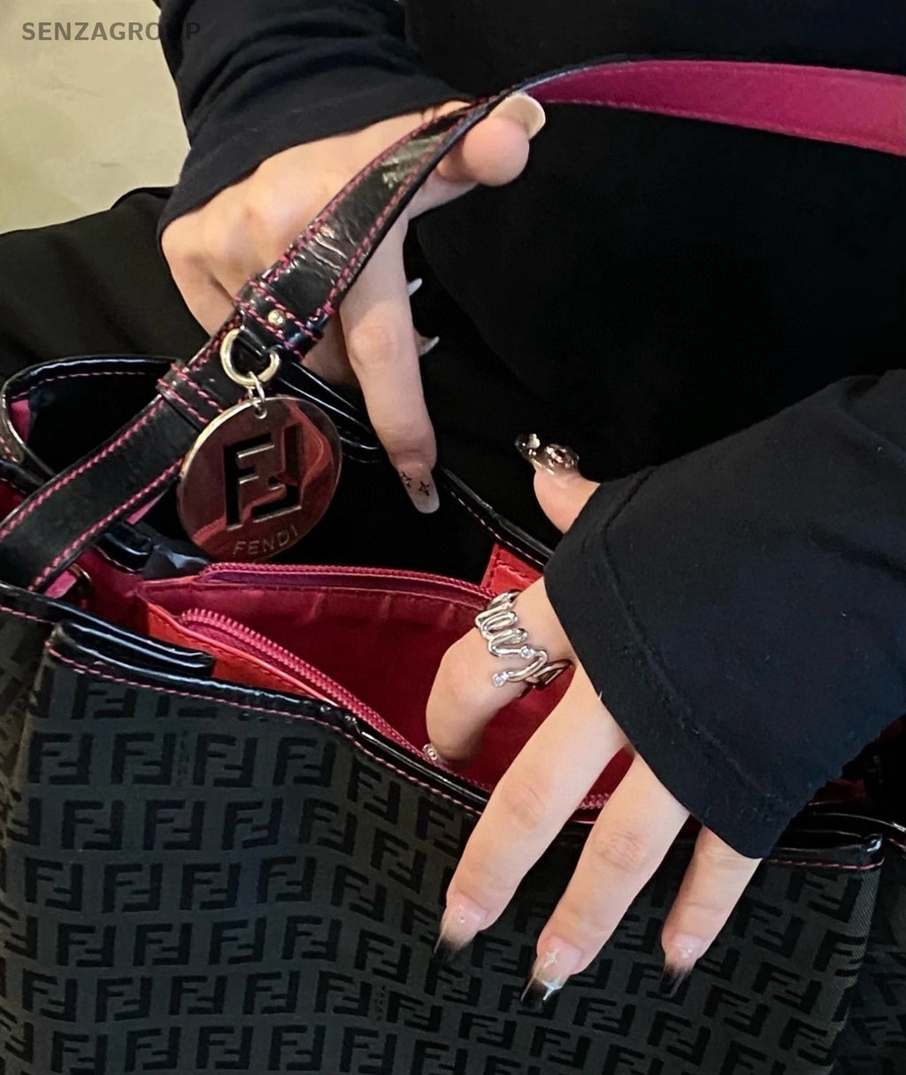 Fendi Monogram Canvas tote Top Handle Shoudler bag Black Women