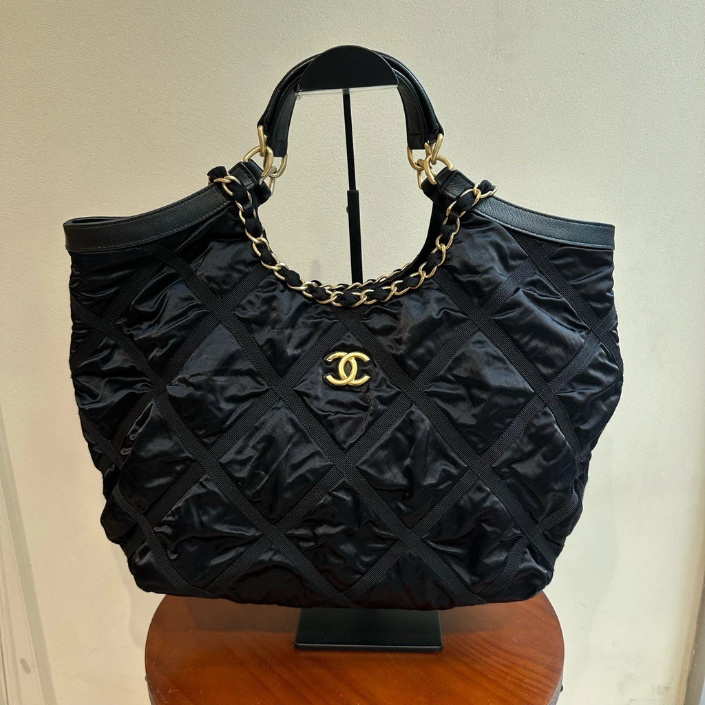 Excellent Chanel Maxi Tote Nylon Black Handbag Chain Shoulder Bag Chip Version