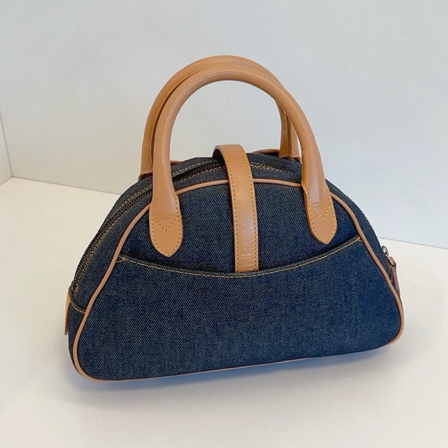 Christian Dior Denim Bowling Bag Top Handle Bag Blue Brown Women Fashion