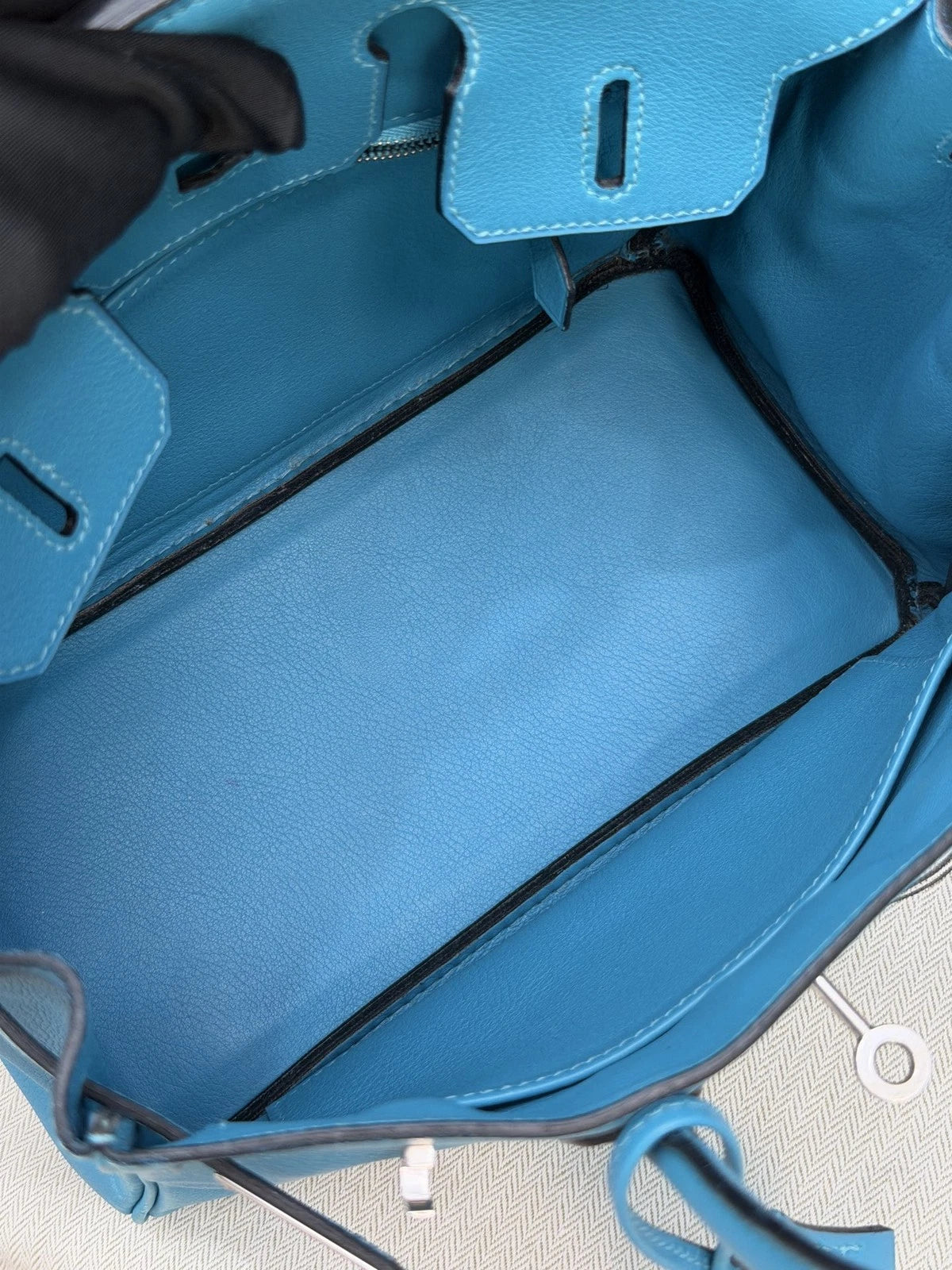 Hermes Birkin25 Evercolor Leather Top Handle Bag Blue Silver Used Women Classic