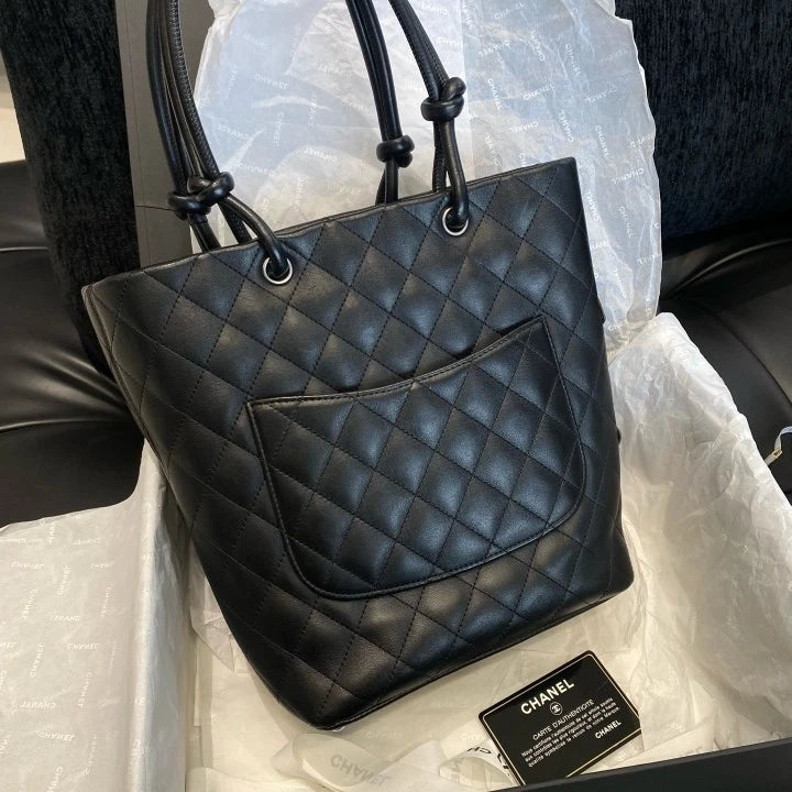 Chanel Cambon So Black Diamond Tote Top Handle Shoulder Bag Silver Women D