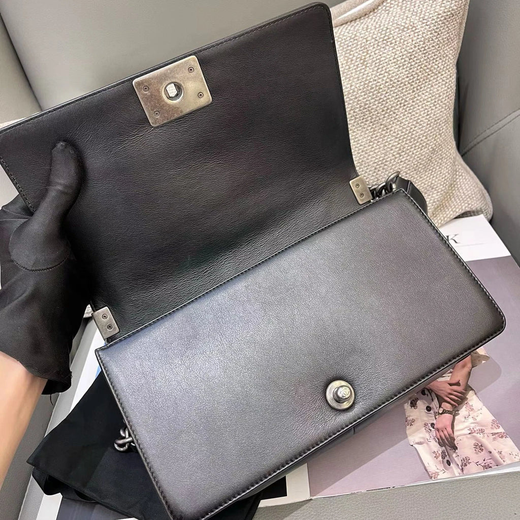 Chanel Leboy MM Calfskin Chain Shoulder Crossbody Black Silver Women Classic