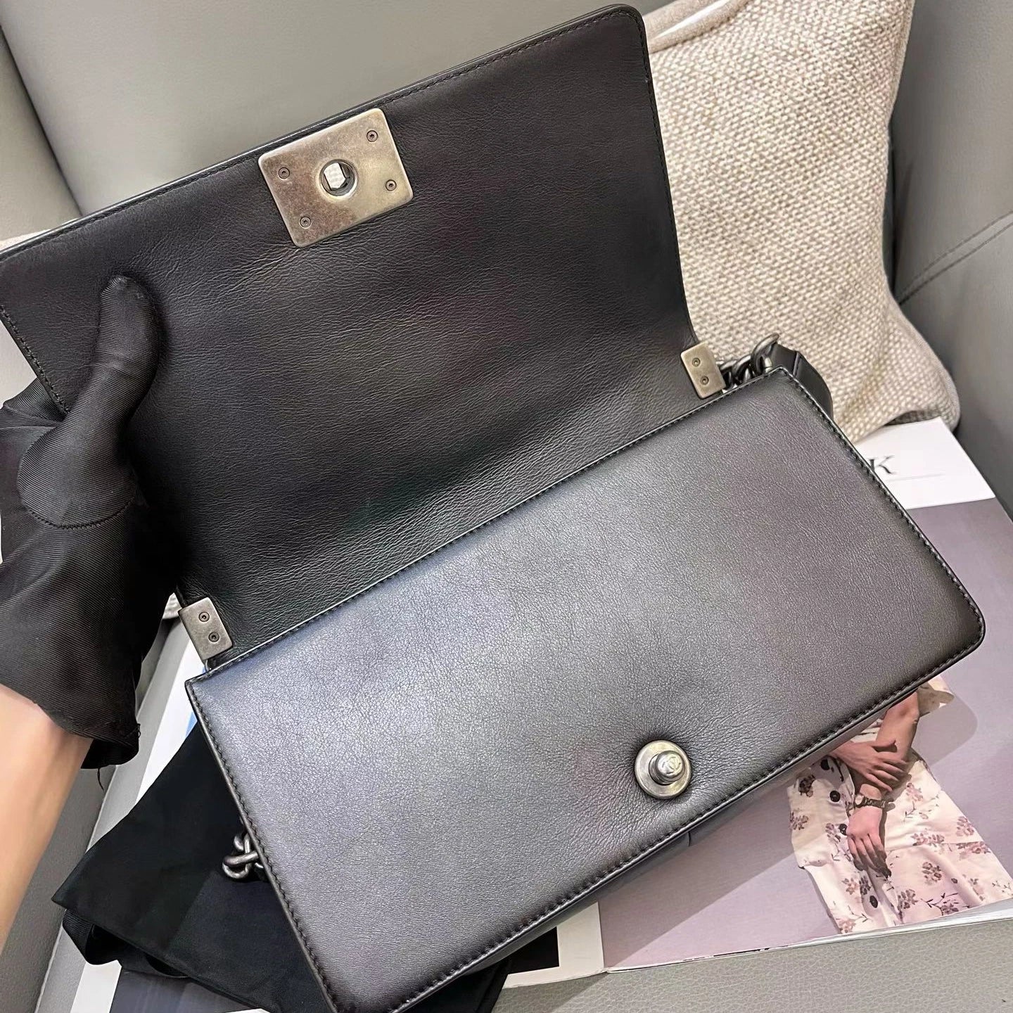 Chanel Leboy MM Calfskin Chain Shoulder Crossbody Black Silver Women Classic