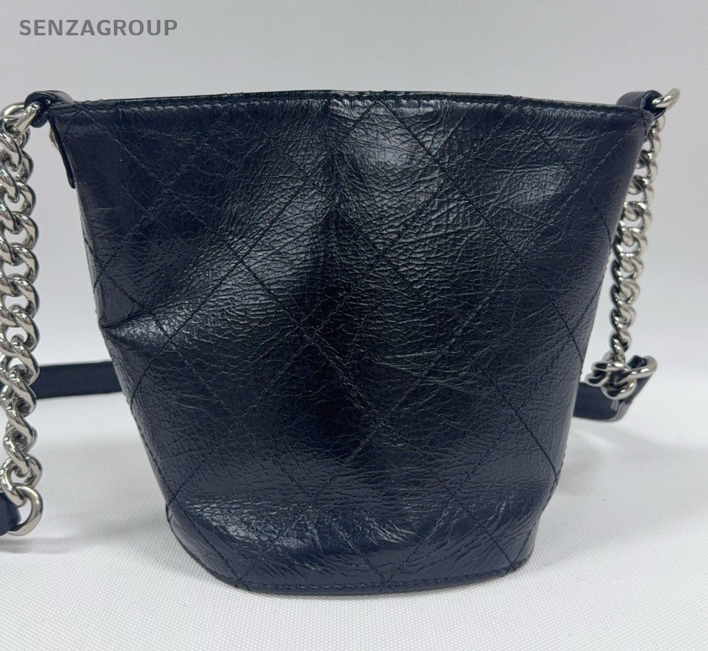 Chanel Diamond Chain Bucket Shoulder Bag Crossbody Black Silver Women Classic