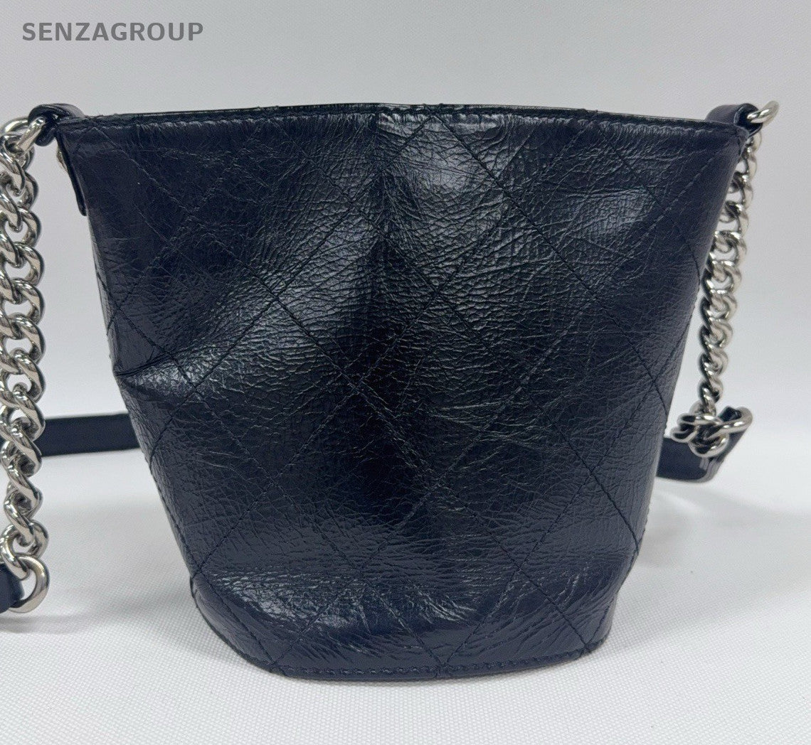 Chanel Diamond Chain Bucket Shoulder Bag Crossbody Black Silver Women Classic