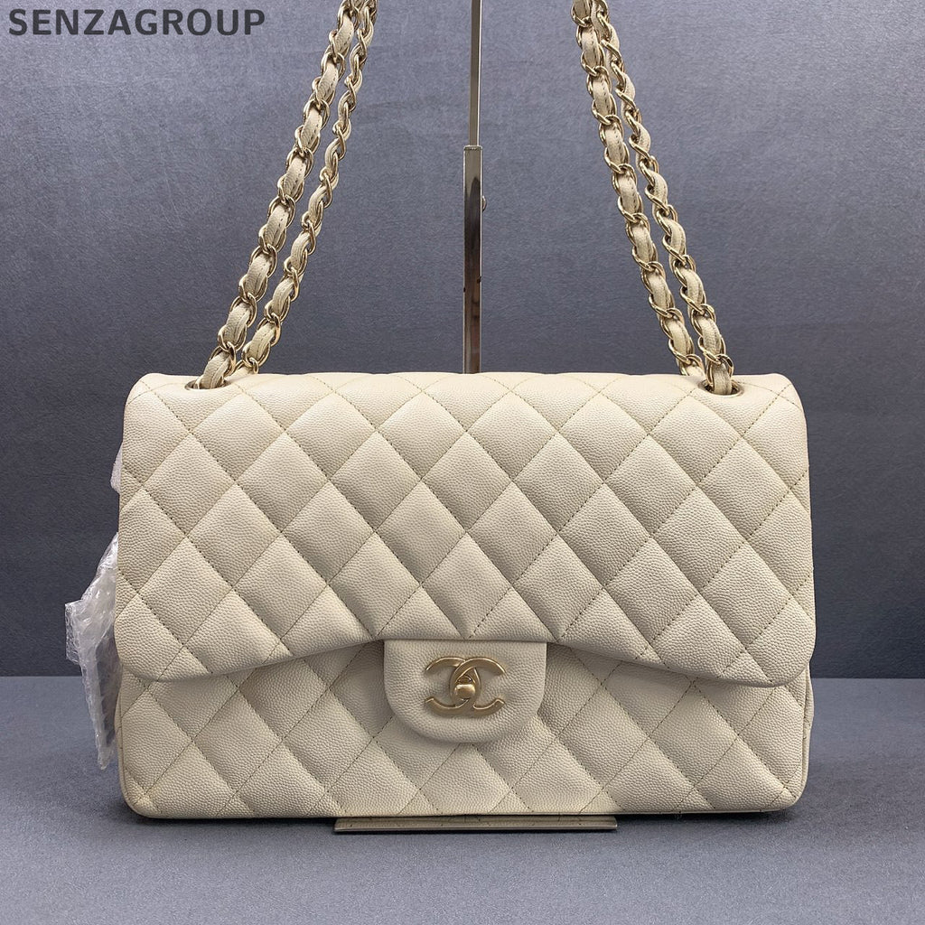 Chanel Classic Flap Jumbo Bag White Gold Chain Shoulder Crossbody